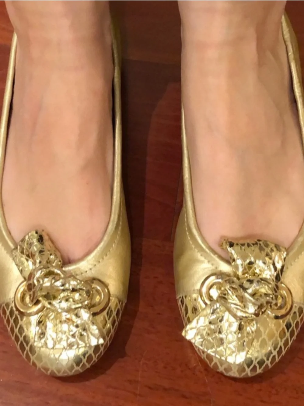 Stuart Weitzman Metallic Gold Ballet Flats with Bow Accent